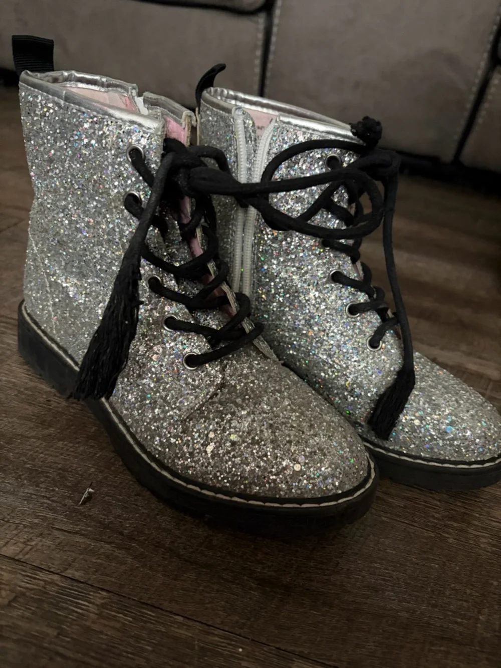 Steve Madden Girls Silver Glitter Lace-Up Combat Boots